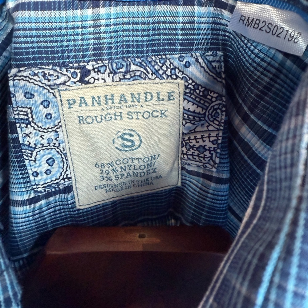 Panhandle SMALL Men’s Blue Plaid Western Long Sleeve Dress Shirt - Picture 3 of 8